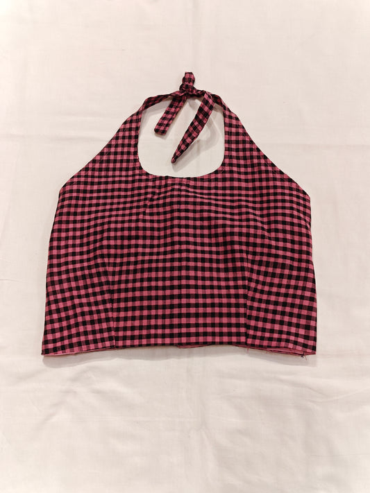 Pink and black checkered halter neck handloom cotton blouse