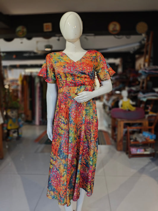 Colorful digital printed overlap front dress with flutter sleeves