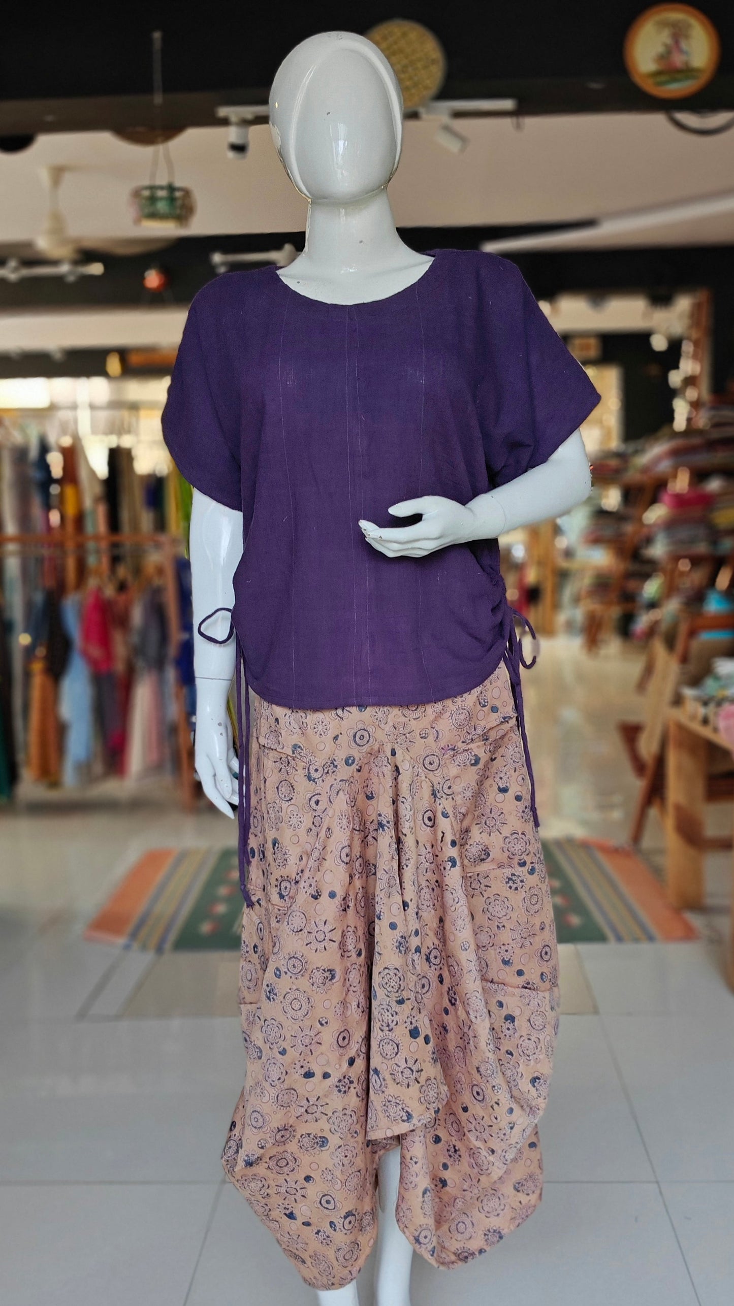 Violet kala cotton handloom top with side pull drawstrings