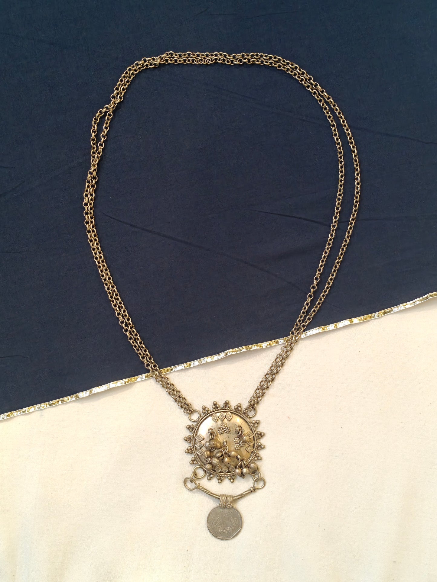 Circular pendant with ghungroos and 1 rupee coin handcrafted necklace