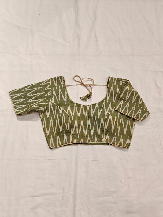 Mehndi green and cream ikat half sleeves padded cotton blouse