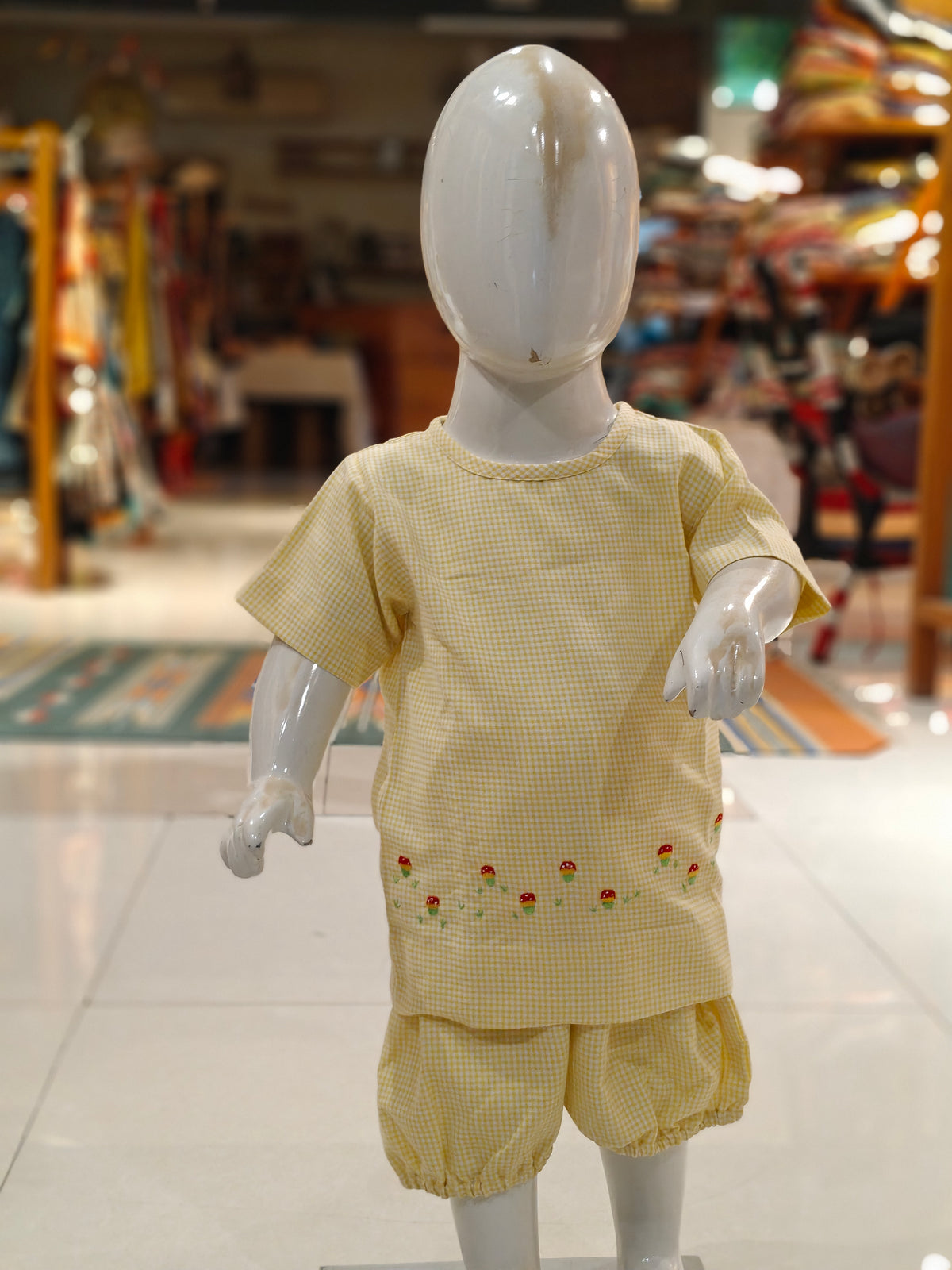 Yellow n white checks cotton short sleeved mushroom embroidered top and bloomers/ shorts - co-ord set