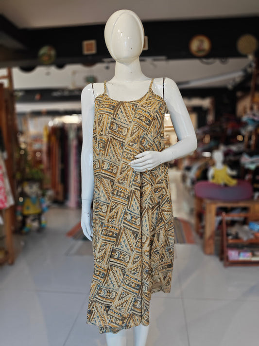 Olive n mustard yellow geometric floral Kalamkari handblock printed noodle straps dress