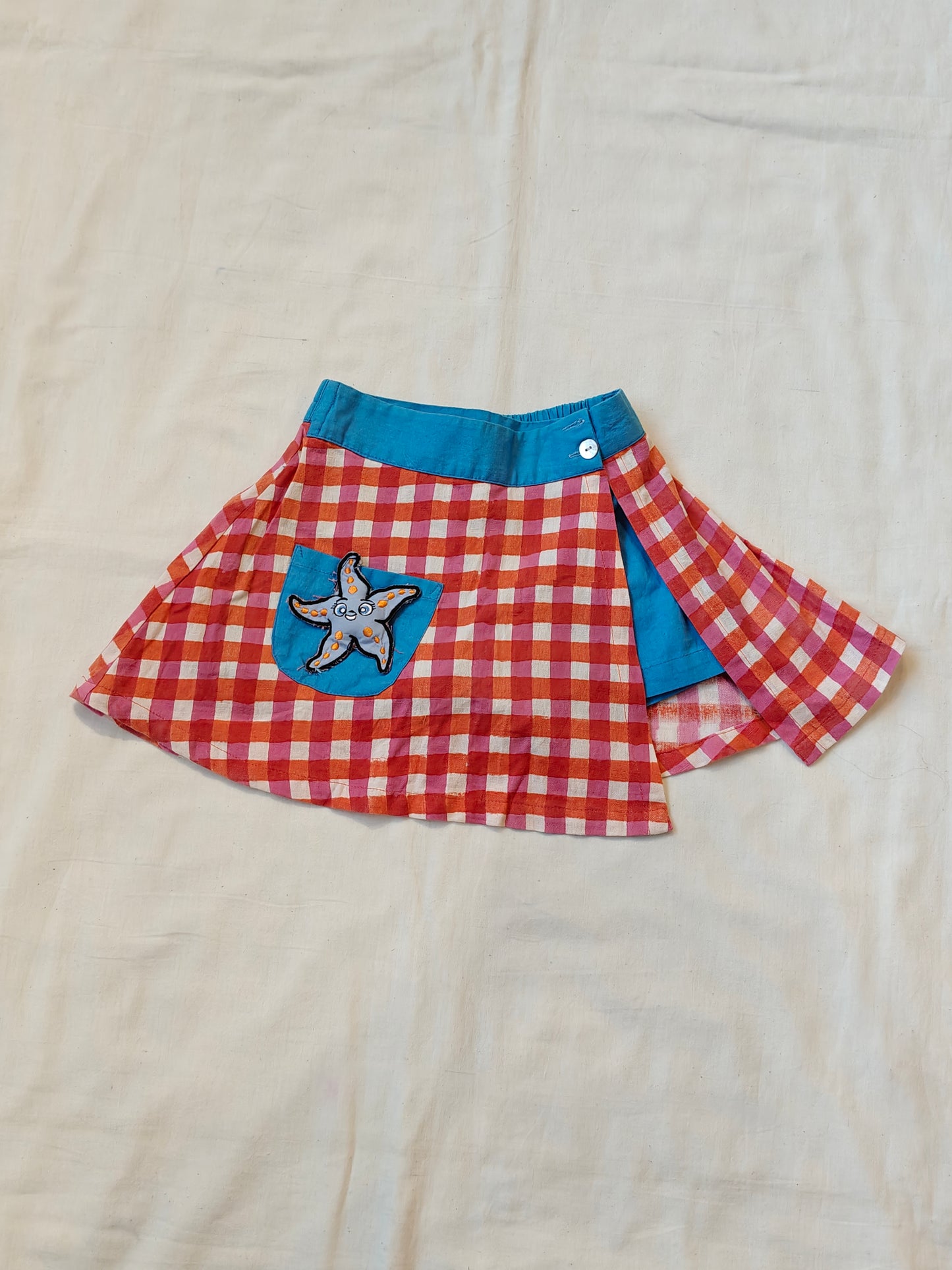 Pink n Red checkered skorts with star fish Appliq - handloom cotton