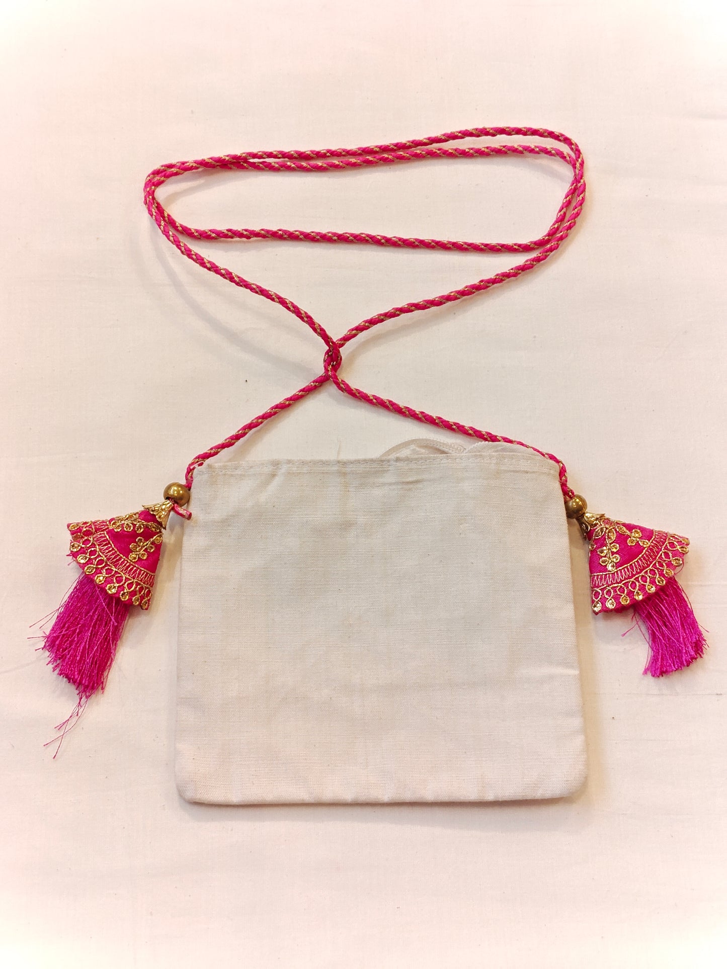 Handpainted on off white base fabric pouch with zipper closure, Tassles and sling - multiple designs available