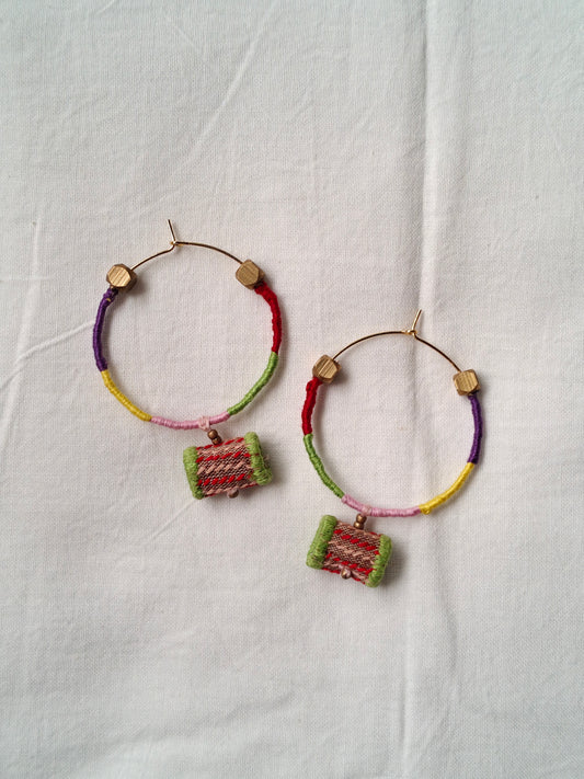Colorful thread-wrapped hoops with brass beads - handcrafted earrings