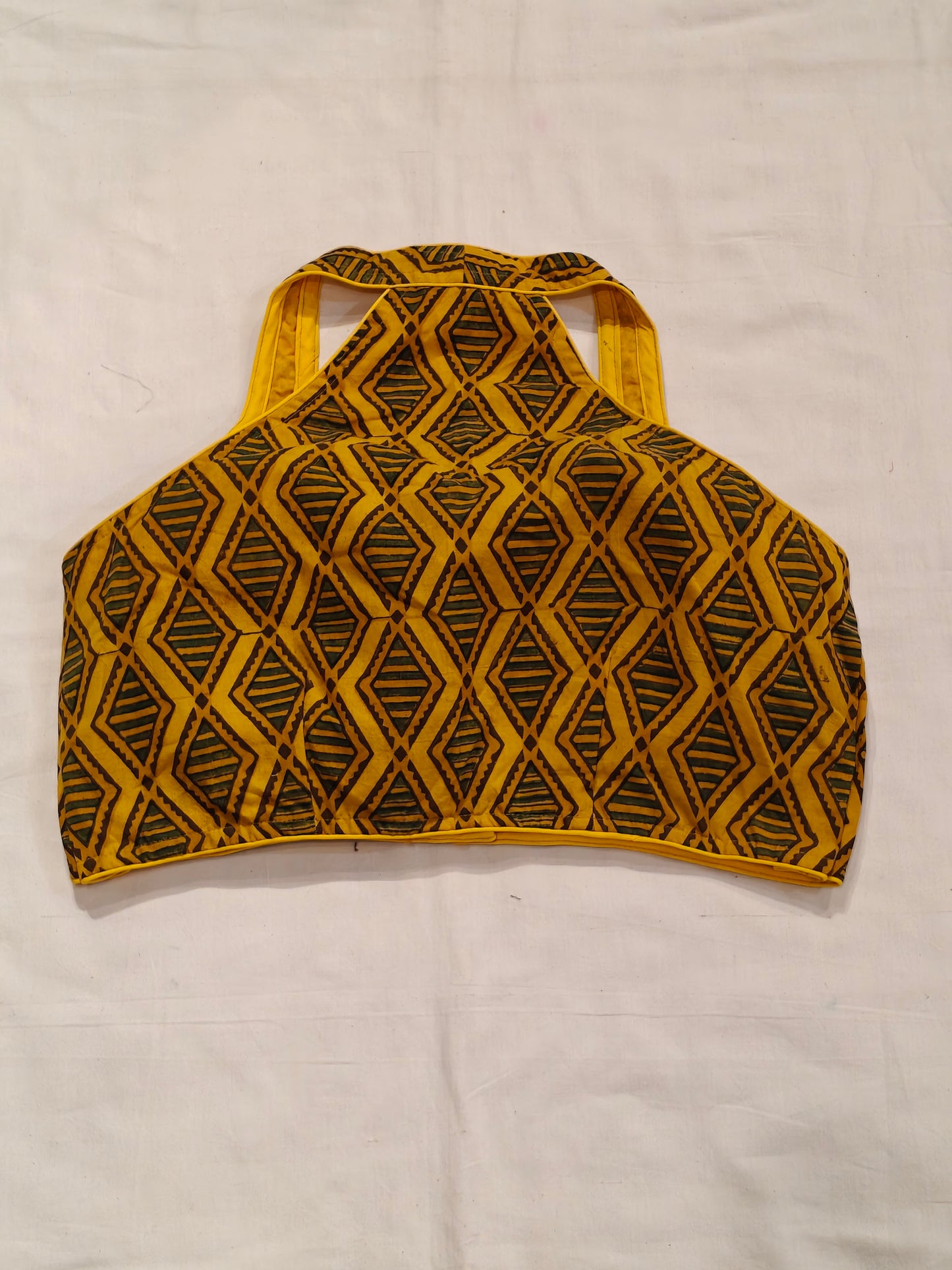 Yellow diamonds striped handblock printed halter neck blouse