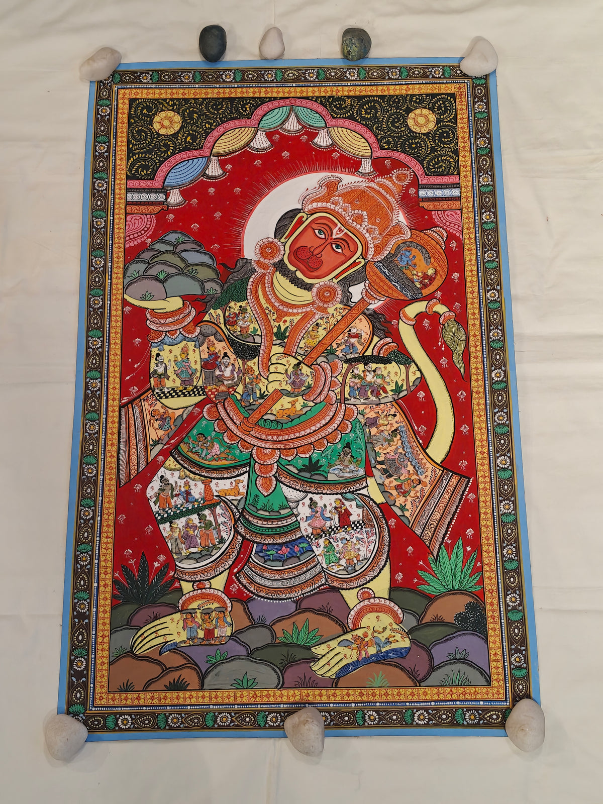 Painting of Hanuman with small narrative scenes from the Ramayana - Patachitra hand-painted