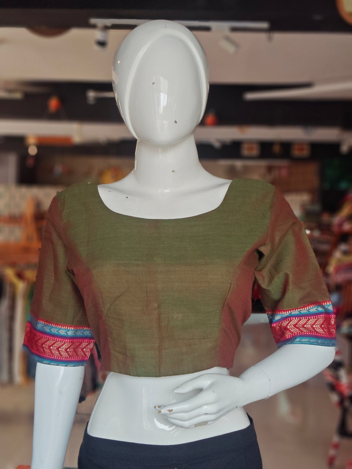 Methi green elbow sleeves cotton blouse with contrasting borders on sleeves