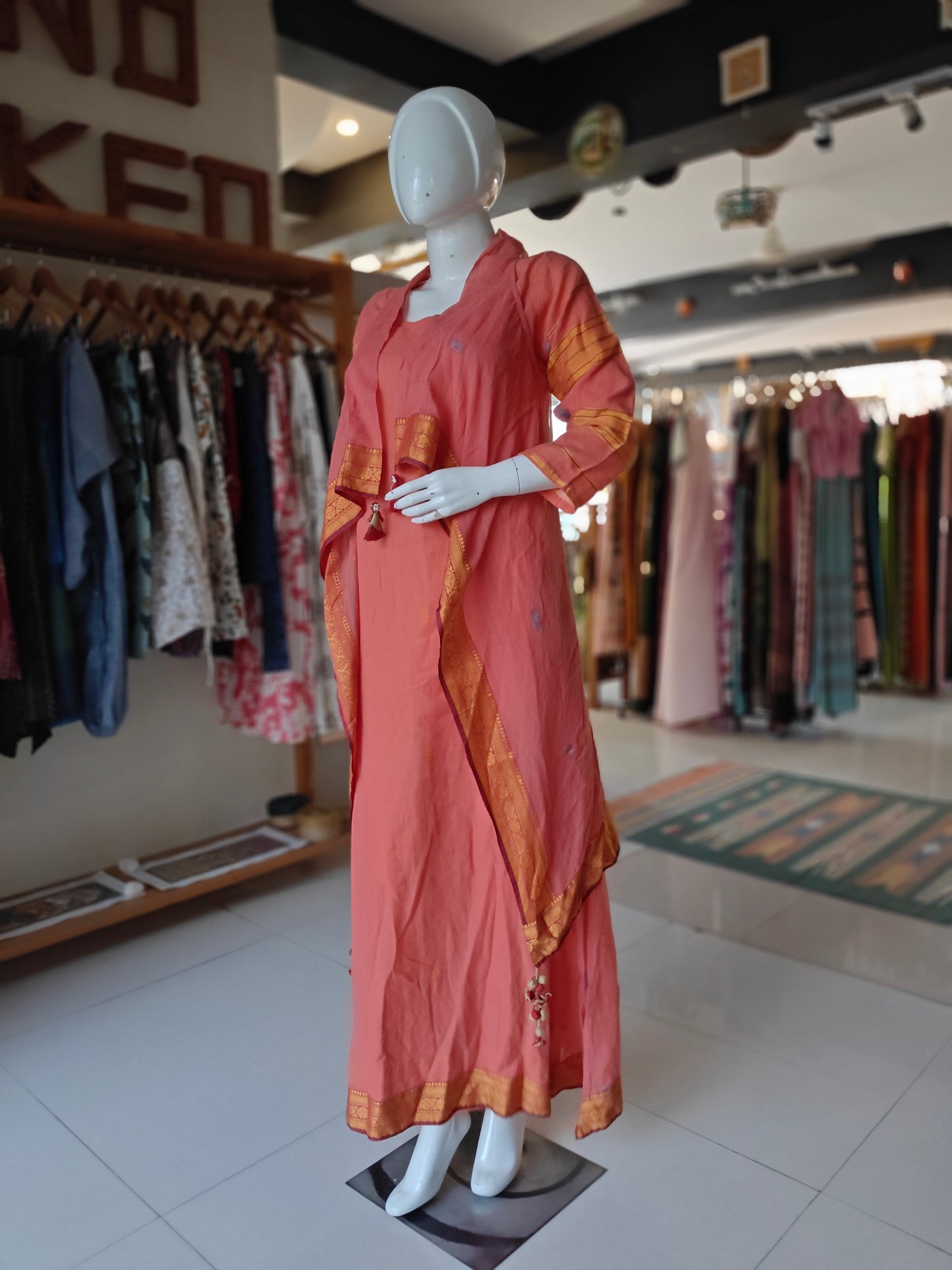 Peach cotton 2 piece dress with zari borders - long dress with jacket