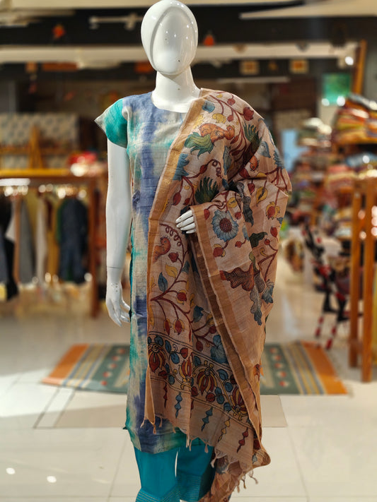 Beige hand-painted pen kalamkari tussar silk dupatta with floral and bird motifs