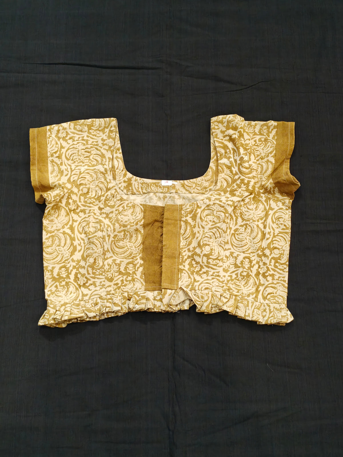 Beige and olive short sleeved cotton blouse with frills - front open