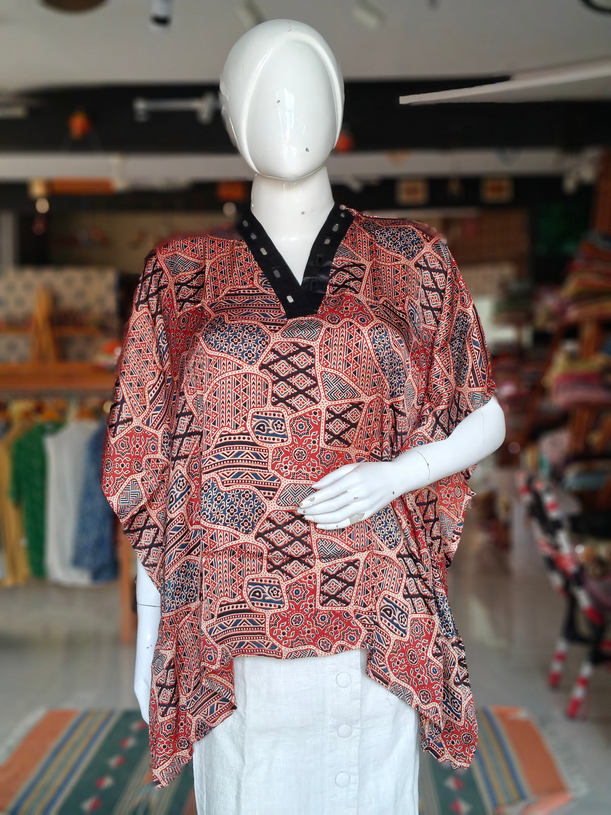 Modal silk kaftan hand block printed top featuring V-neck with mirror embroidery - color options available