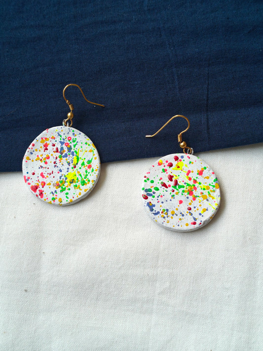 Round color splattered handcrafted, handpainted terracotta hook earrings