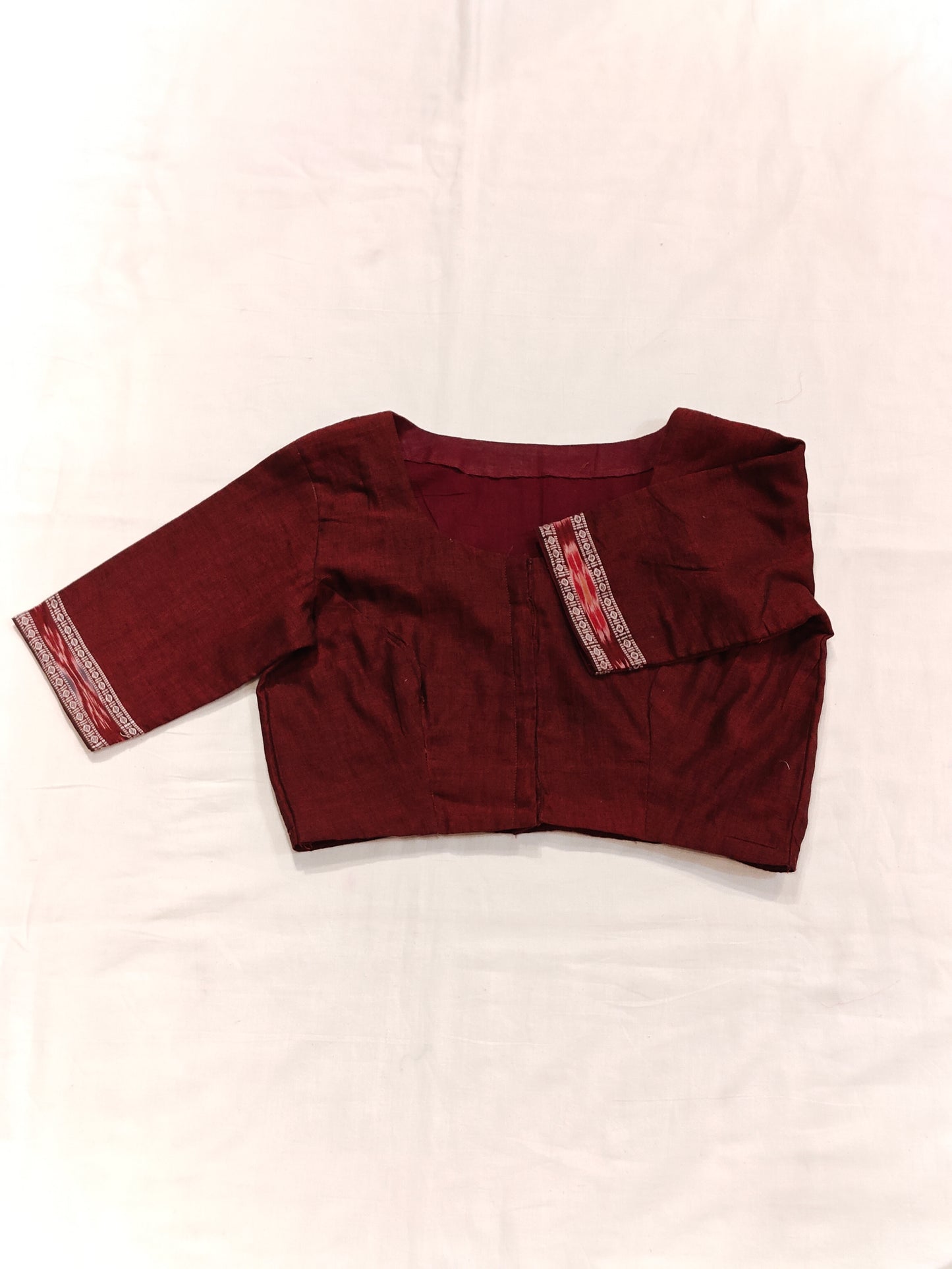 Maroon handloom cotton elbow sleeves hand-painted lotuses and bird blouse with borders