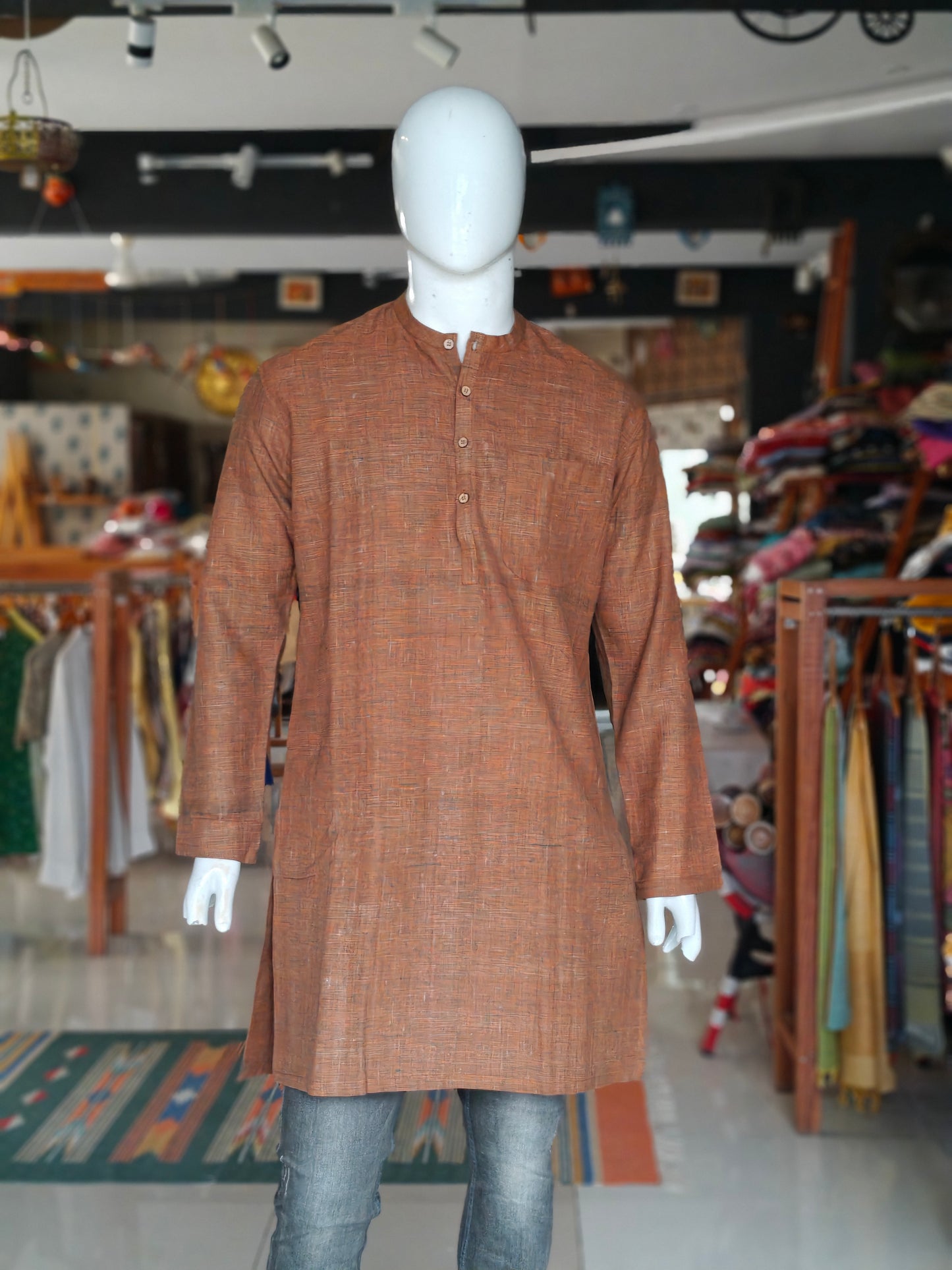 Rusty brown hand woven cotton full sleeves knee length kurta for men
