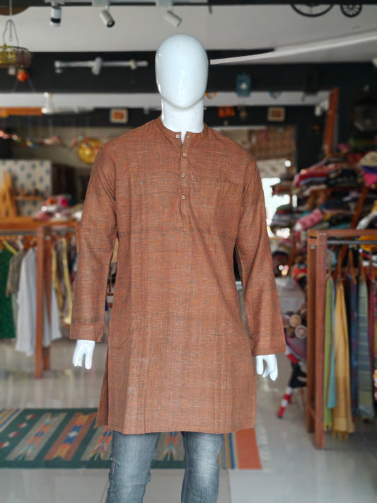 Rusty brown hand woven cotton full sleeves knee length kurta for men