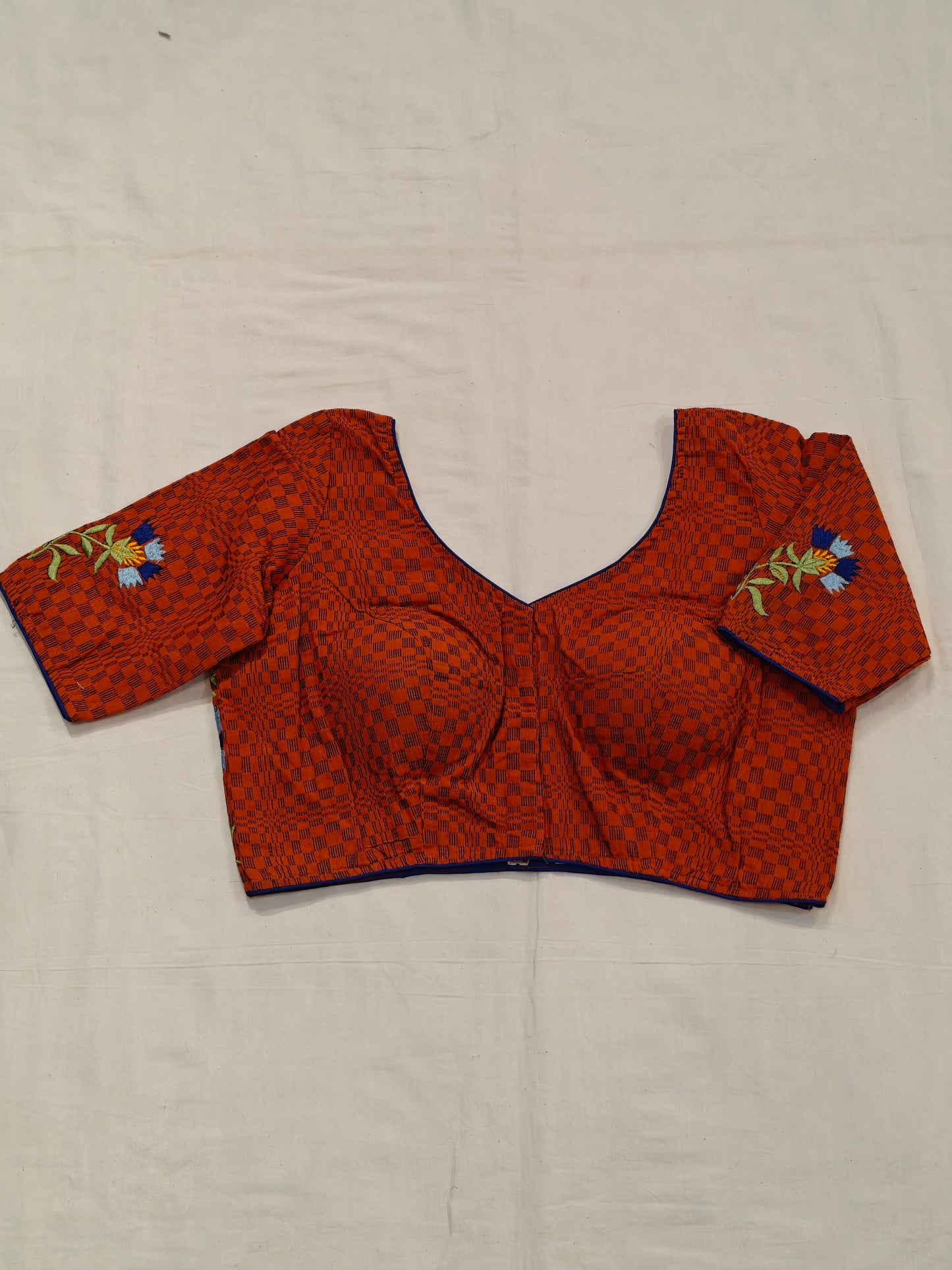 Cotton checkered blouse with floral embroidery, low back - color options available