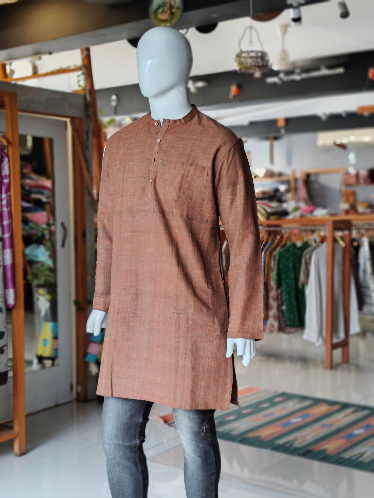 Rusty brown hand woven cotton full sleeves knee length kurta for men