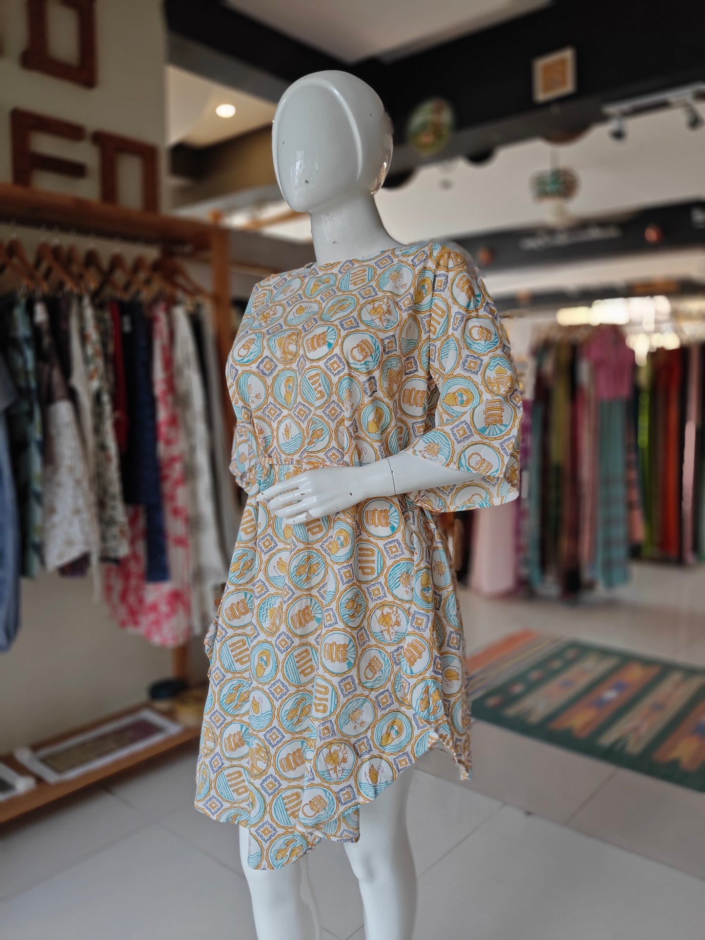 Off white with yellow quirky handblock printed dress with bell sleeves