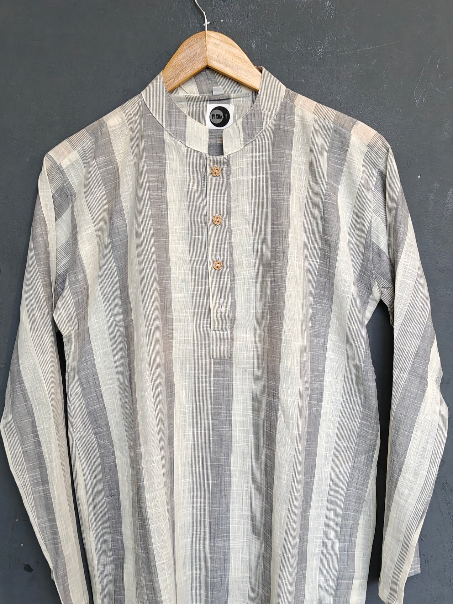 Grey and white striped cotton long kurta for men