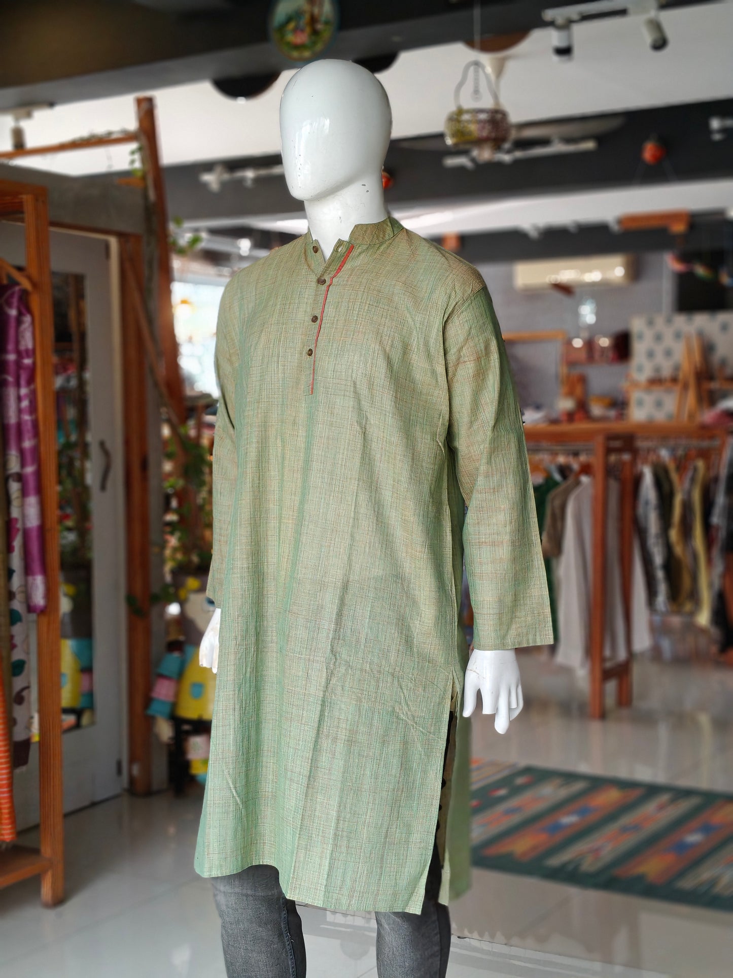 Green and brown double tone cotton full sleeves long kurta for men