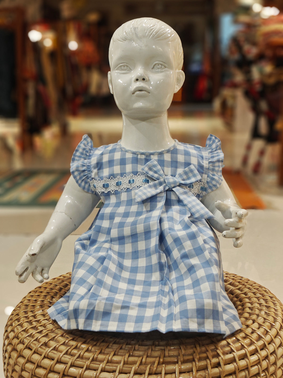Blue n white checks with bow n lace detailing frock with shorts - 2 piece set