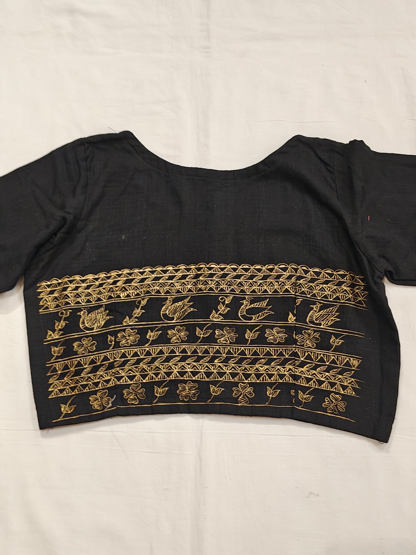 Black handloom cotton half sleeves blouse with gold birds and floral hand painted motifs