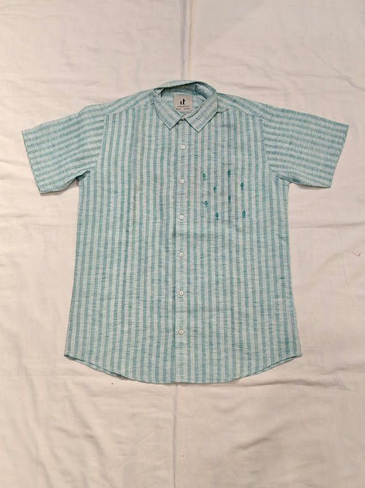 Turquoise and white striped with embroidered pocket cotton shirt for men