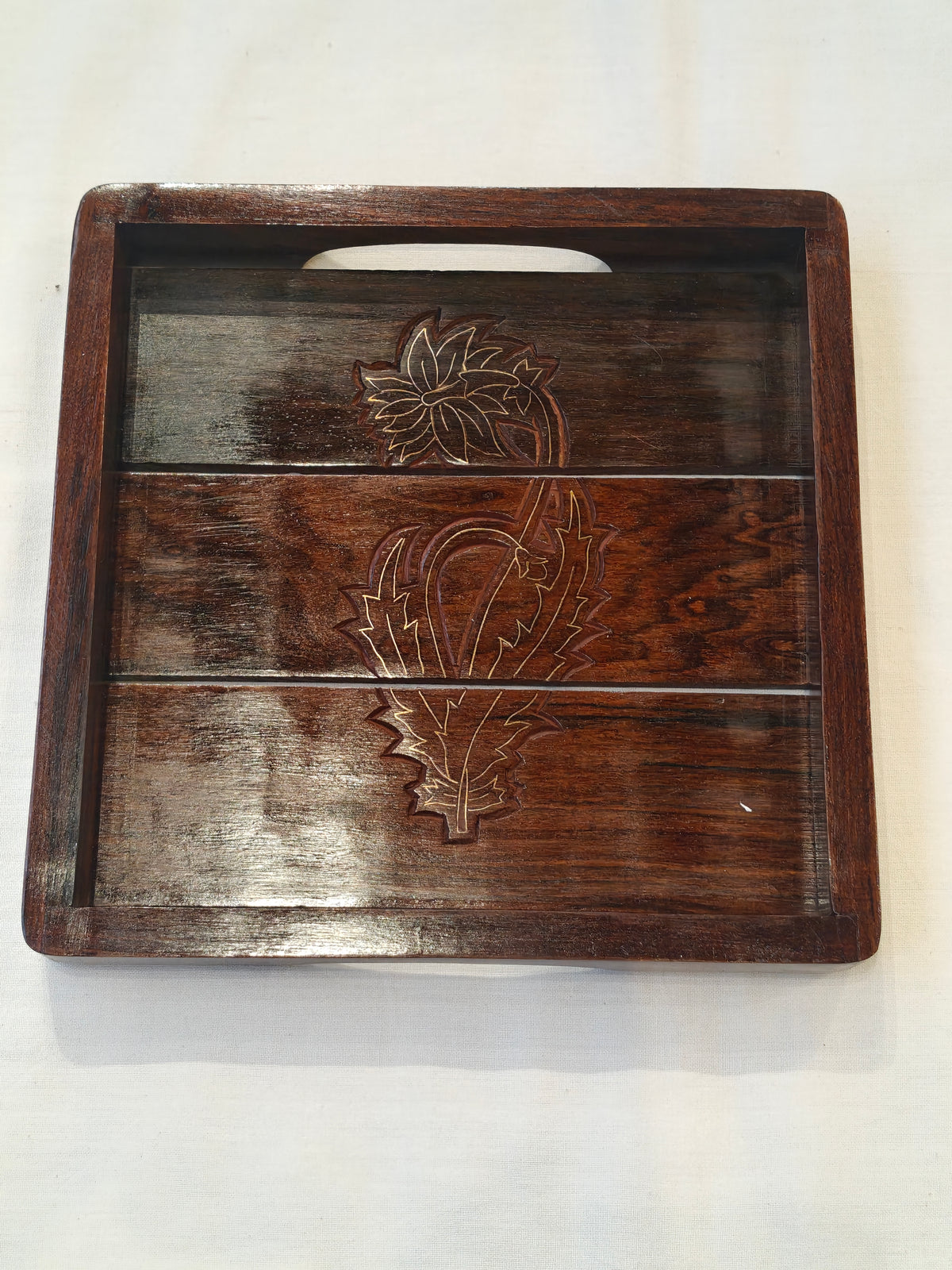 Brass inlay work wooden handcrafted tray - 8 x 8 inches