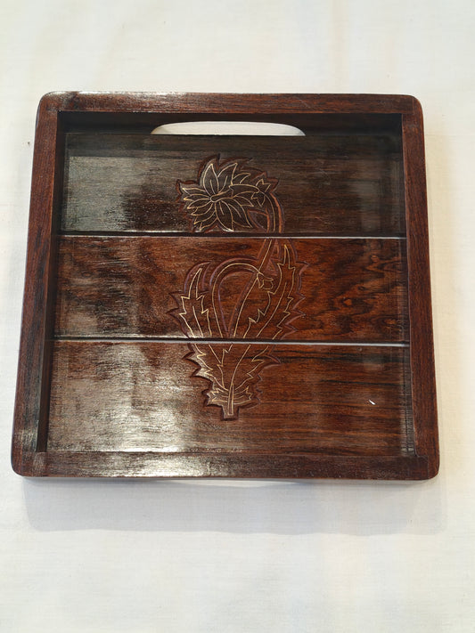 Brass inlay work wooden handcrafted tray - 8 x 8 inches
