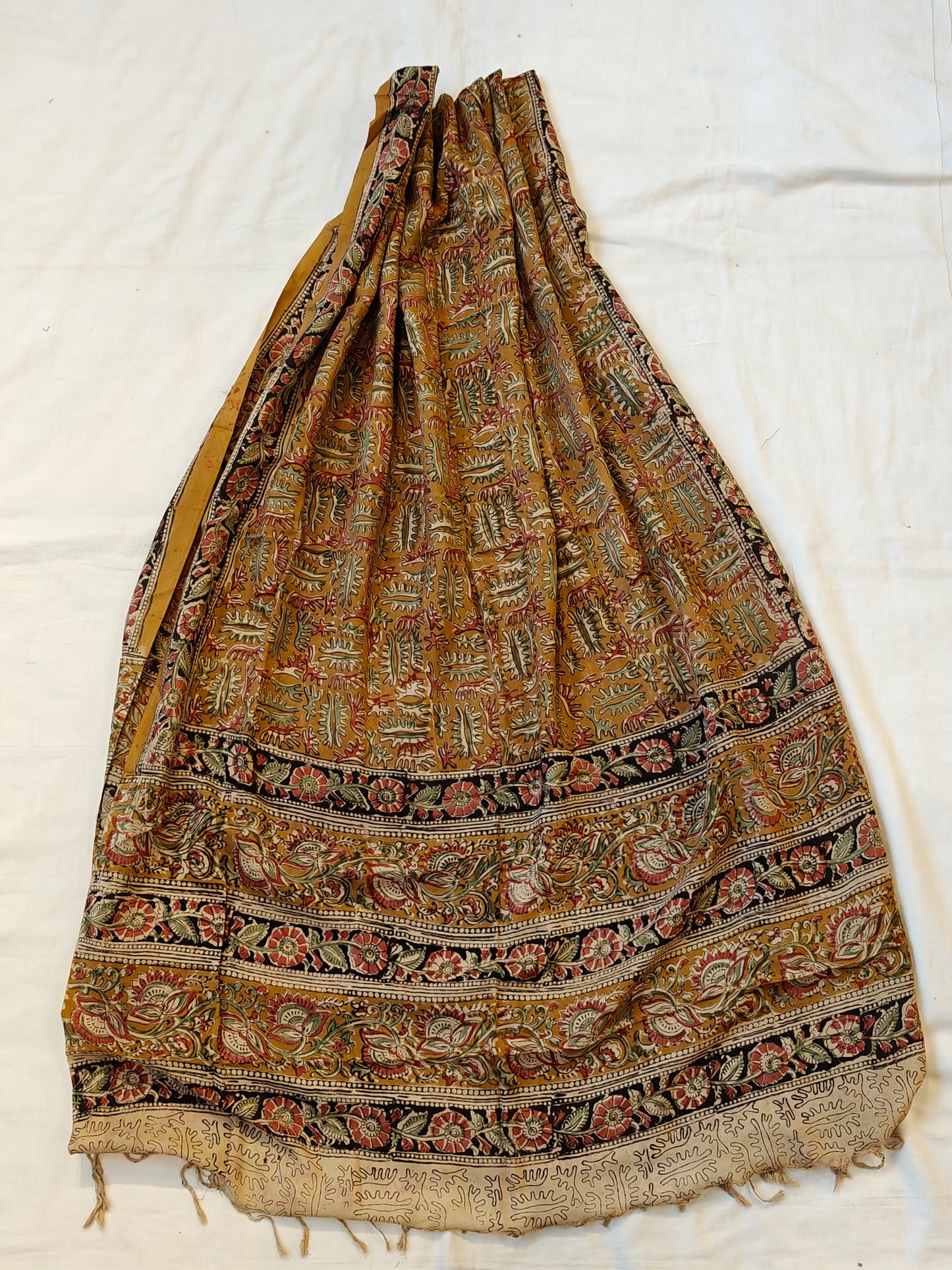 Mustard with leaves design  Kalamkari handpainted on silk dupatta