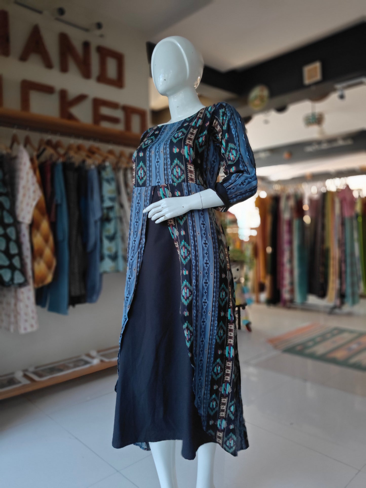 Navy blue with colorful prints layered rayon dress