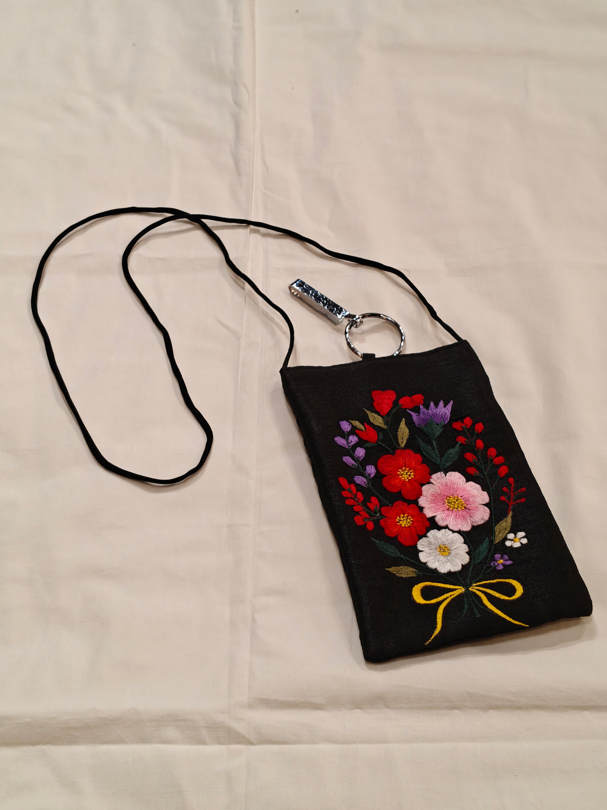 Silk embroidered phone pouches with waist clip on and a sling - multiple options available