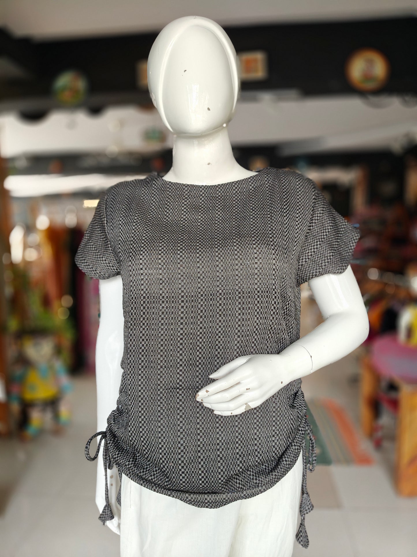 Black textured handloom 4 pedal weave cotton top with side tie up details