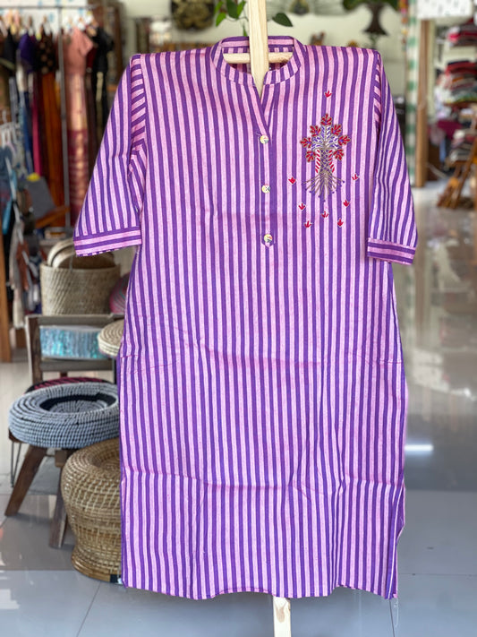 Cotton handwork stripes with embroidery purple kurti