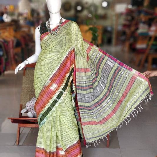 Green checks handloom saree with zari