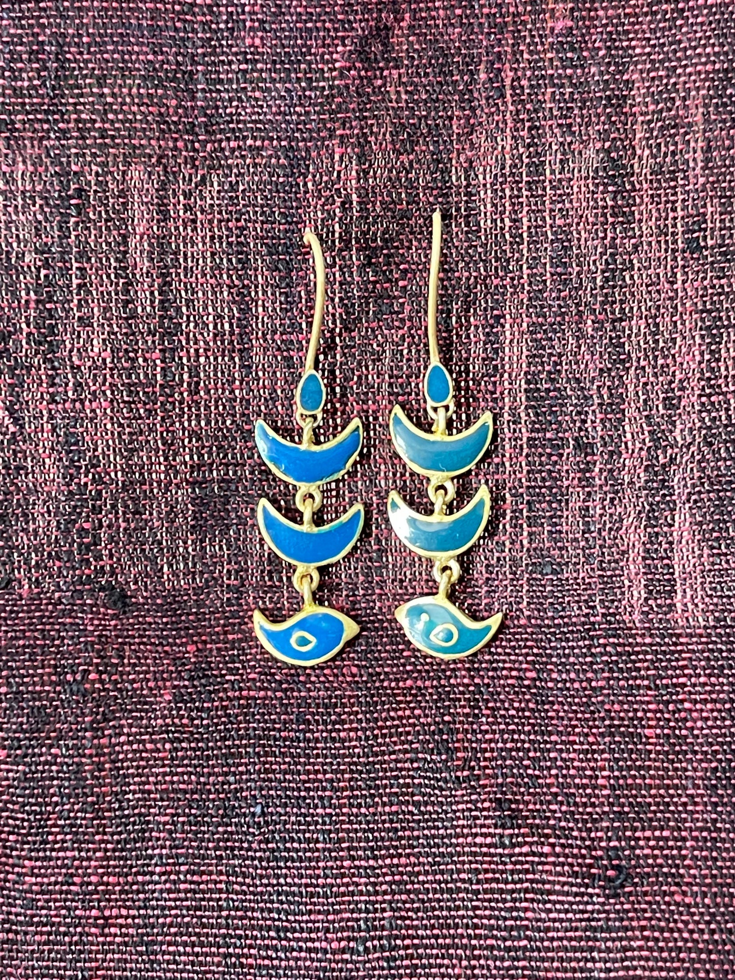 blue crescent and bird silver earrings