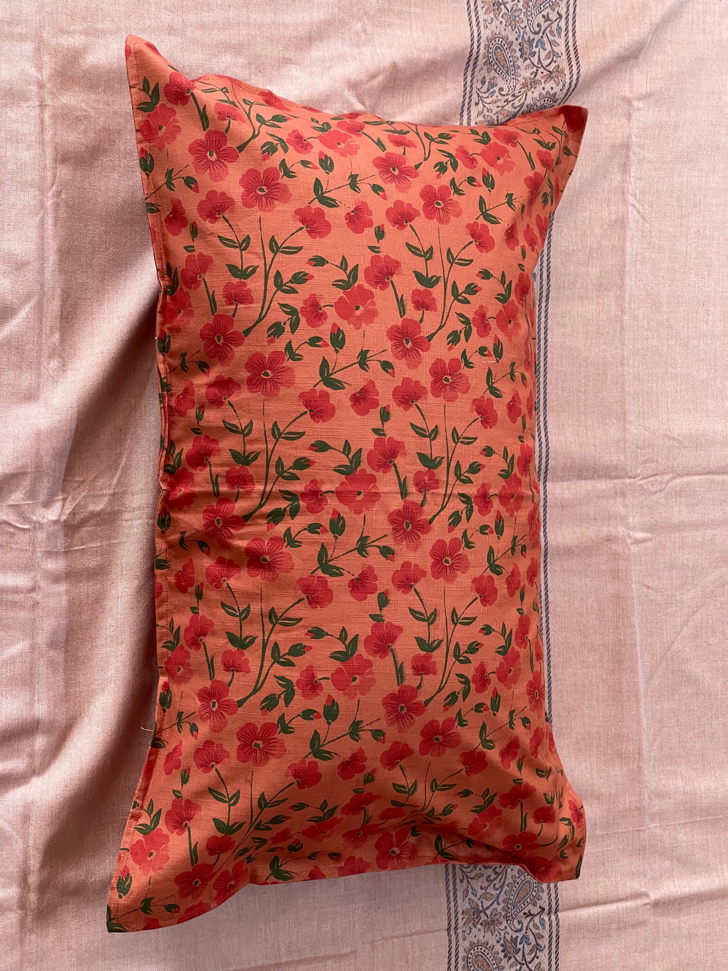 orange floral printed cotton pillow covers