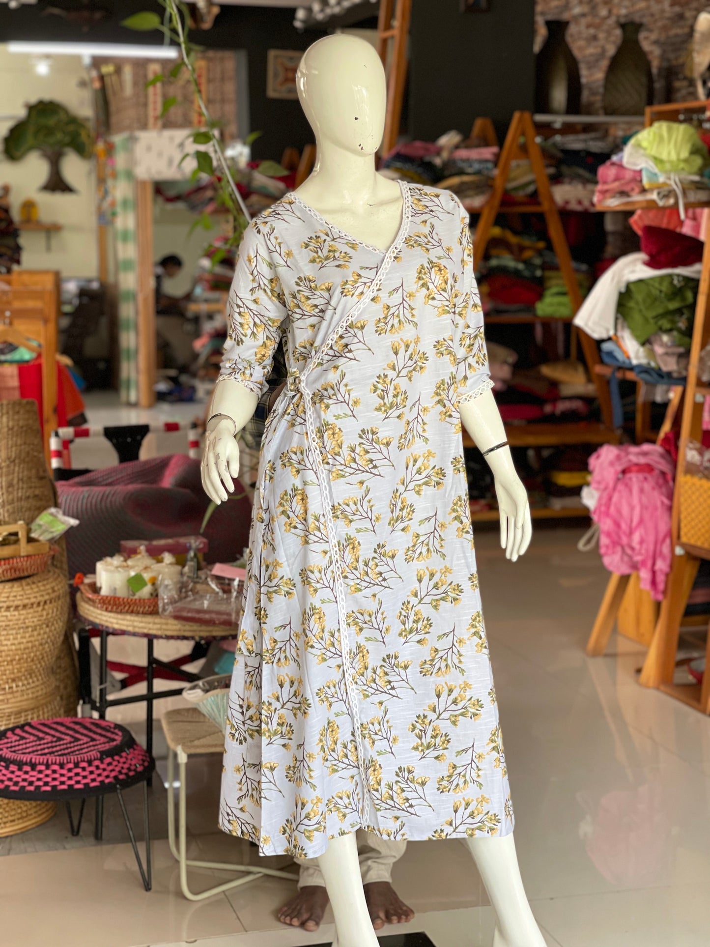 Light grey floral angrakha with lace dress