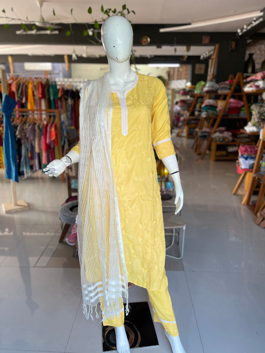 Yellow embroidered straight Kurti, pants n dupatta set