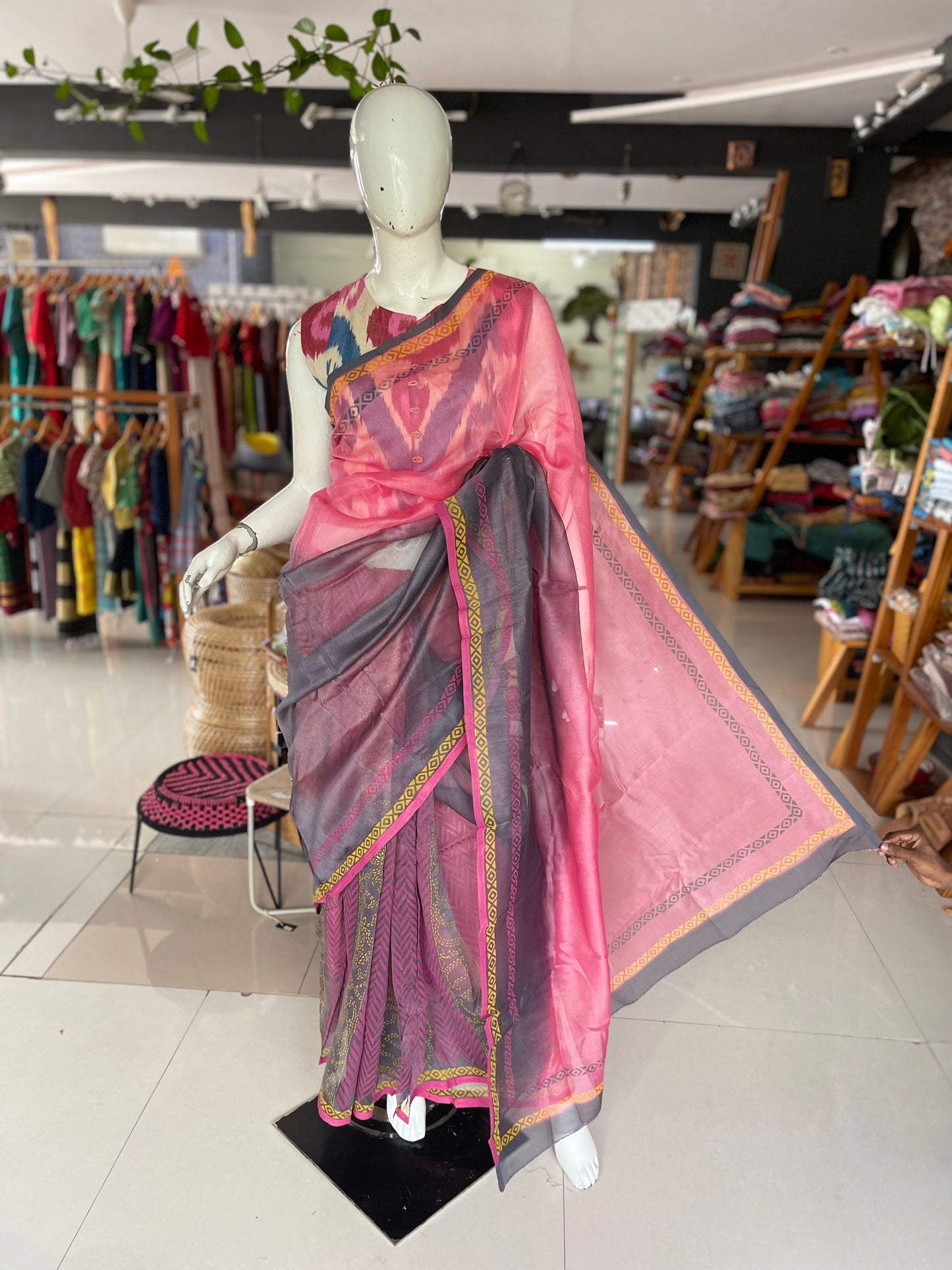 Pink and grey hand block pure silk sheer saree