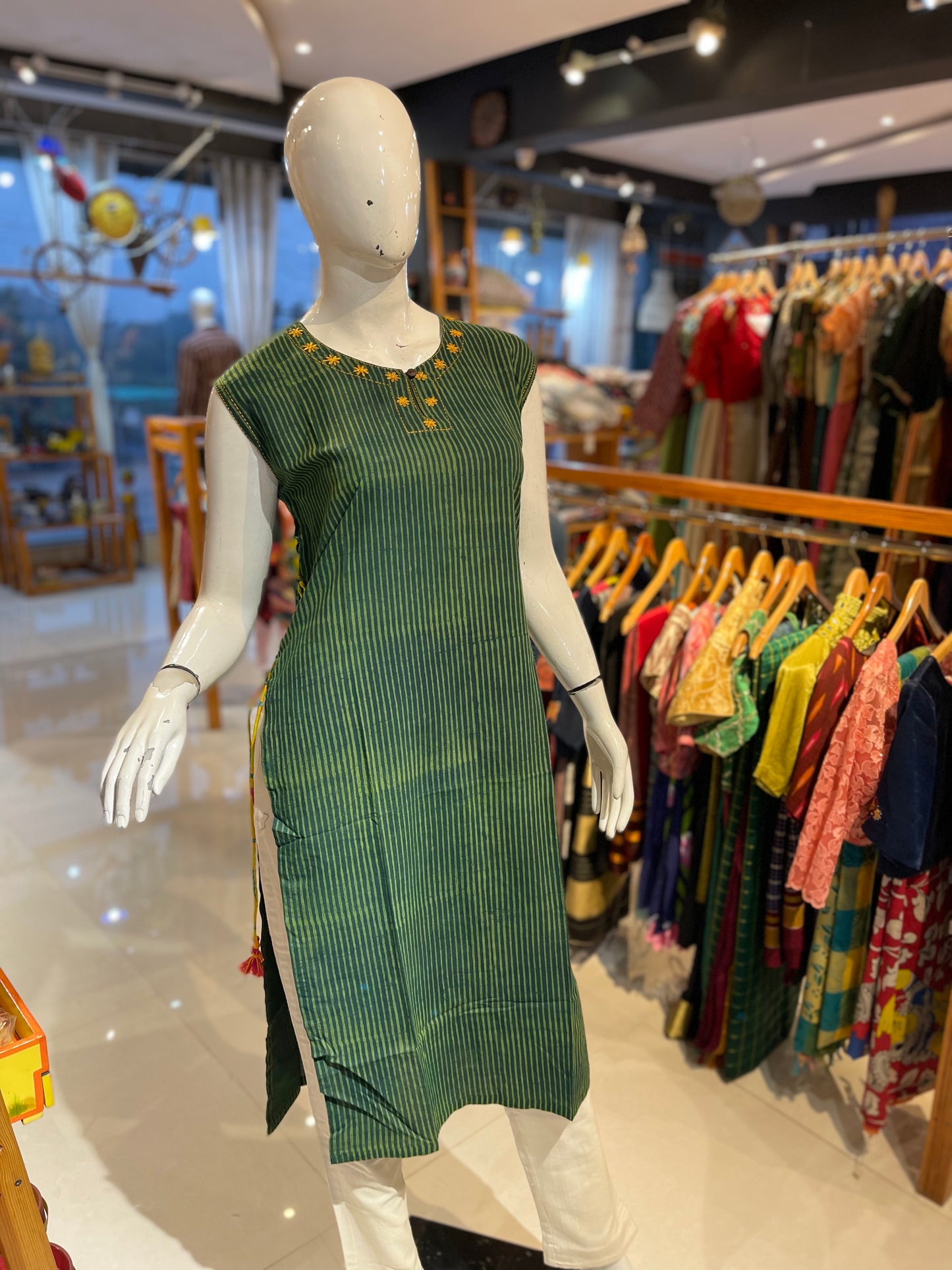 Green stripes neck embroidery with side dori cotton Kurti