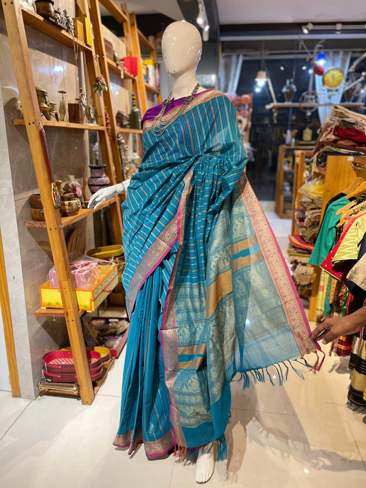 Stripes body with peacock pallu kanchi cotton handloom saree