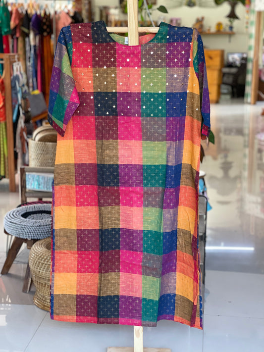 Gold printed embroidery checks multicolor cotton kurti