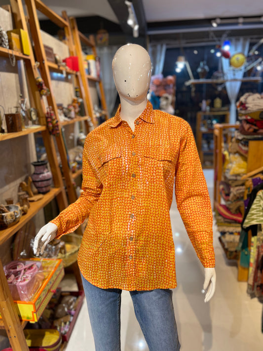 Yellow and orange batik two sides pocket shirt