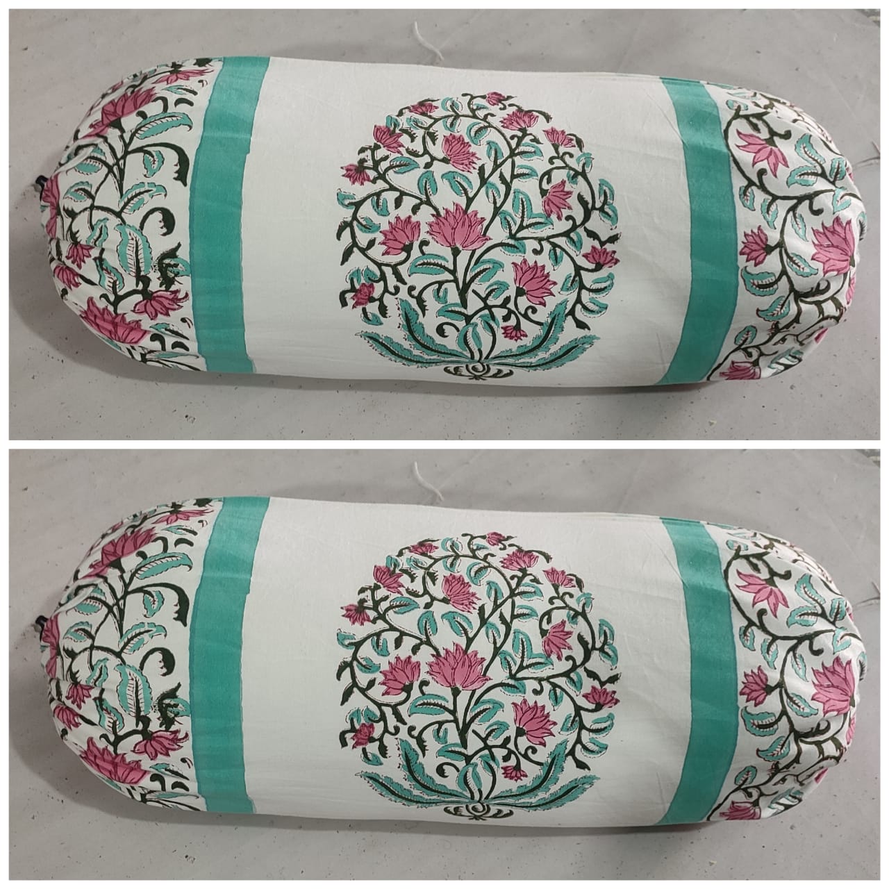 Cyan on white hand block printed bolster covers pair