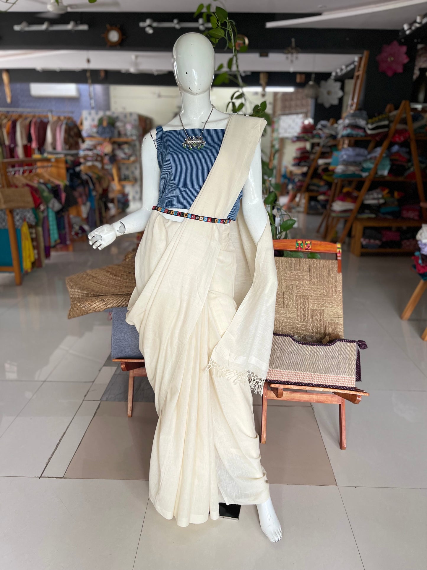 Hand woven soft plain off white cotton saree