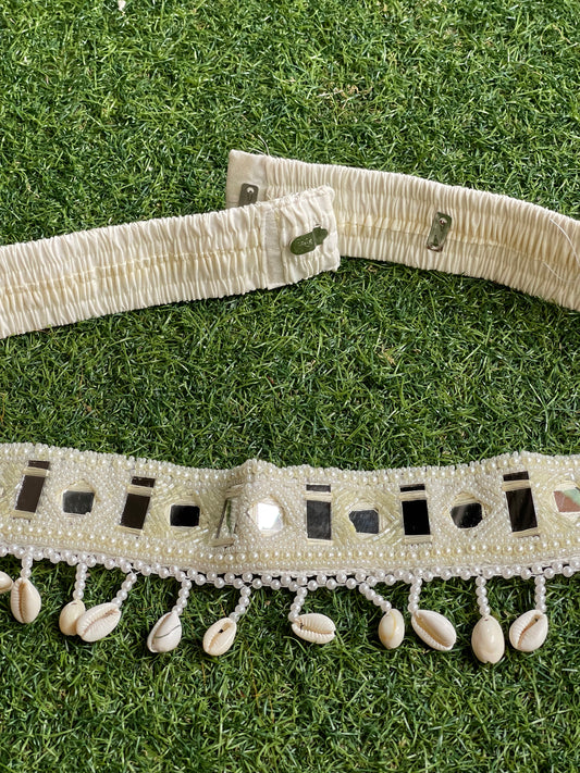Cream mirrors and beads work belt with cowries - rectangle and diamonds mirrors