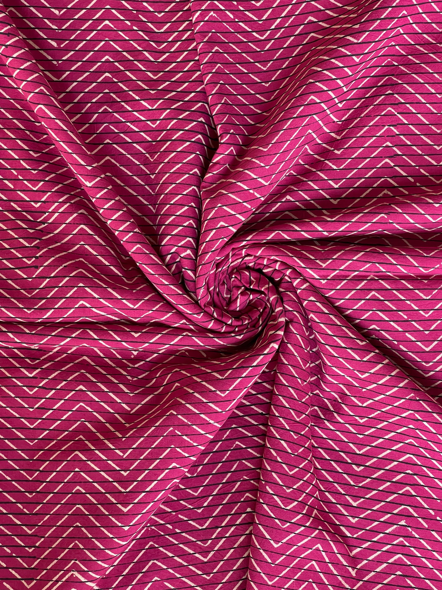 Magenta zigzag and striped hand block printed cotton fabric
